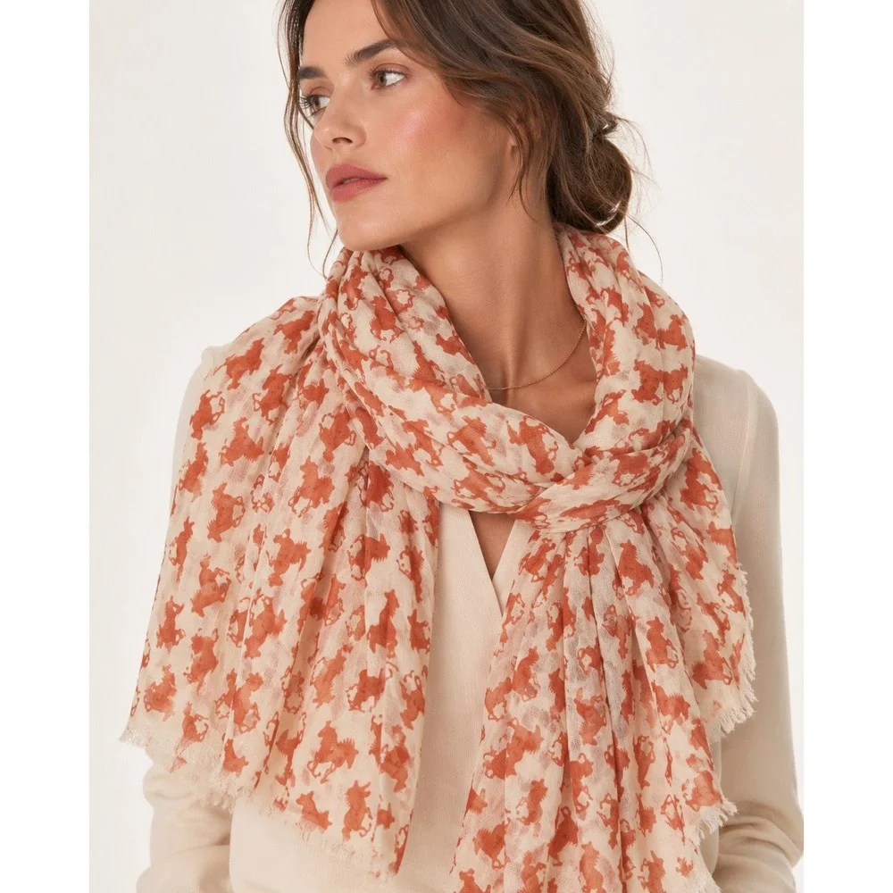 Unbranded Horse Print Scarf Womens OS Orange Excellent Quiet Luxury Preppy